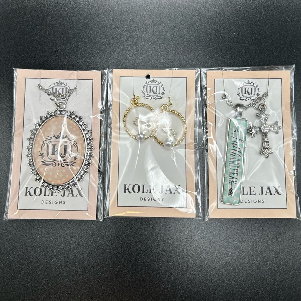 Lot of 3 Kole Jax Faith Over Fear, Bunny earrings, KJ pendant necklace #764